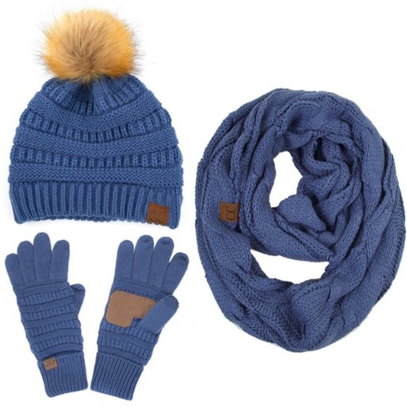 C.C 3pc Knit Warm Pom Beanie Gloves Scarves Set main image 7